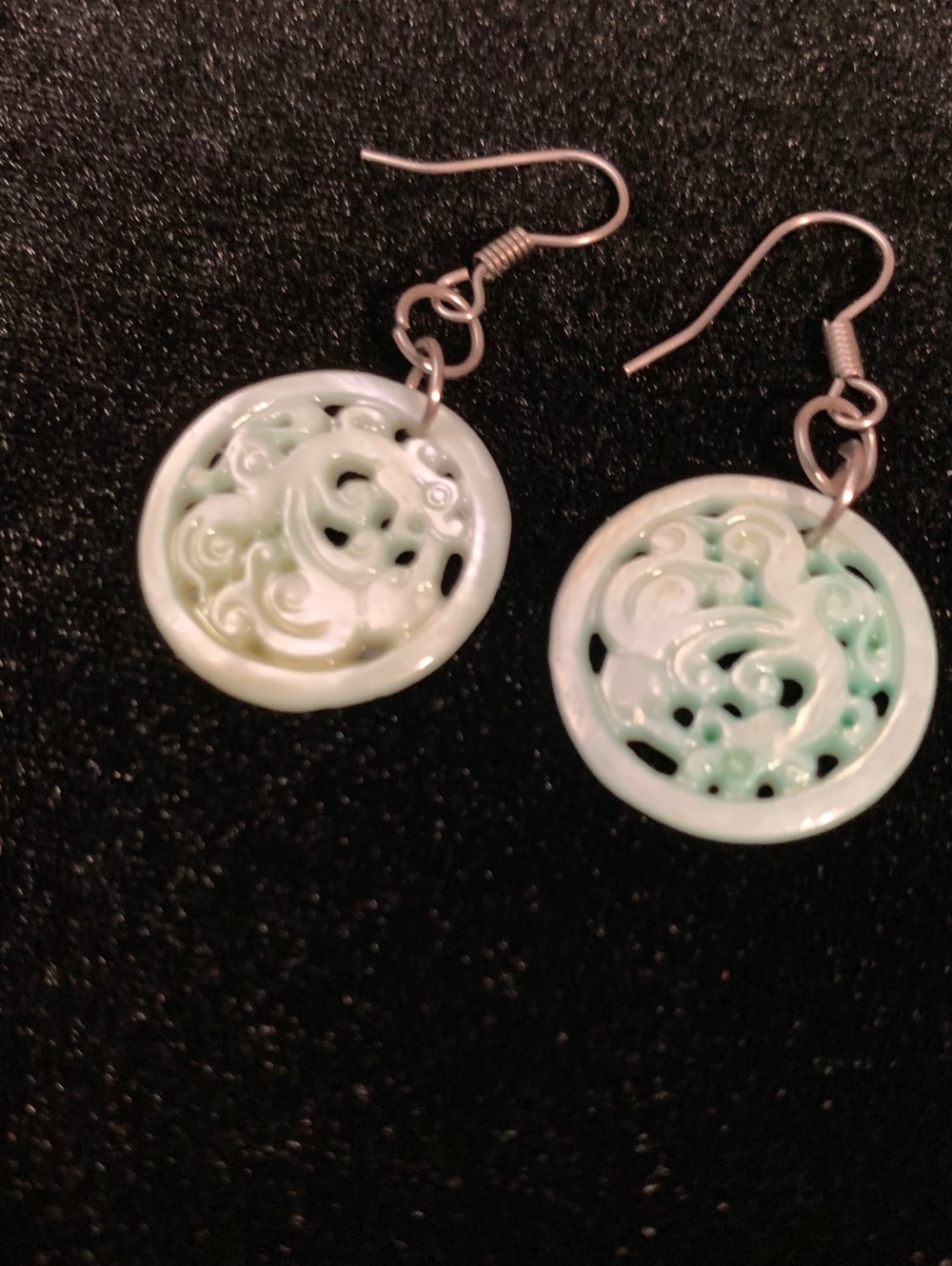 Oriental Jade White Carved Swirl Dangle Earrings Cloud Wave Boho